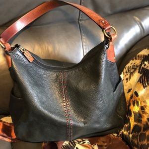 Black leather Fossil bag trimmed in brown